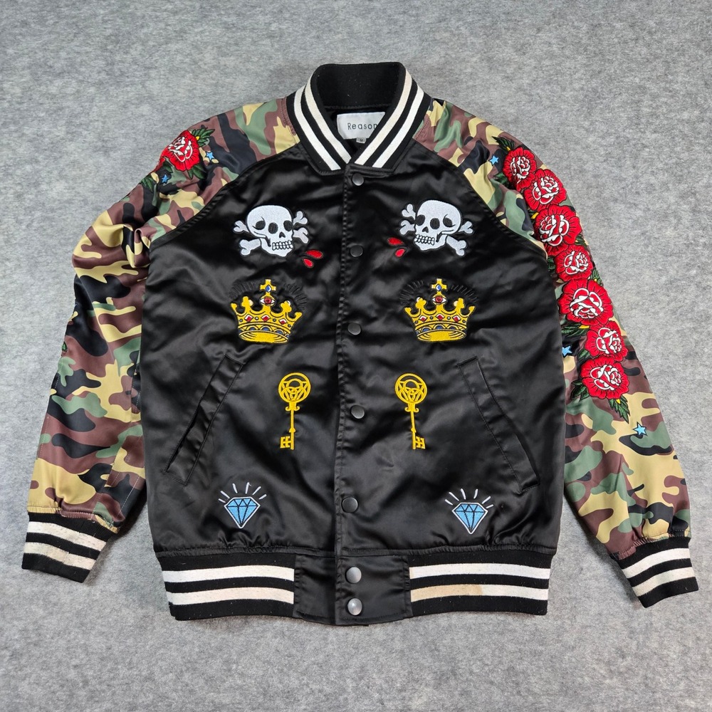 Reason Mens Black Camo Roses Souvenir Varsity Bomber Jacket Size M